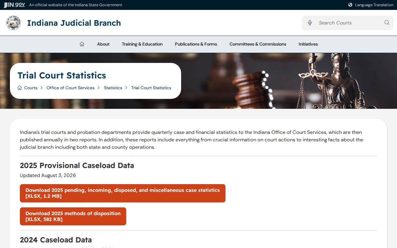 Indiana trial court statistics page used for Delaware calendar context