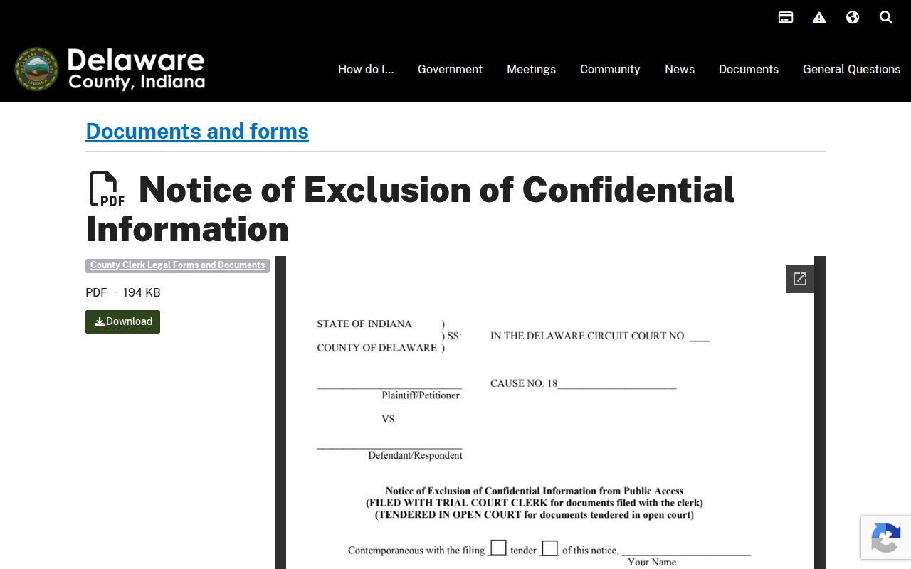 Delaware County notice excluding confidential information from public court records