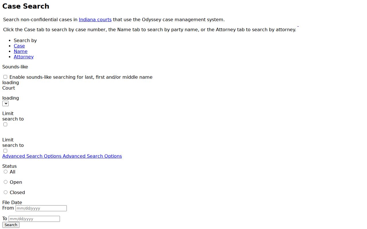 Blank MyCase search fields for Delaware County cases