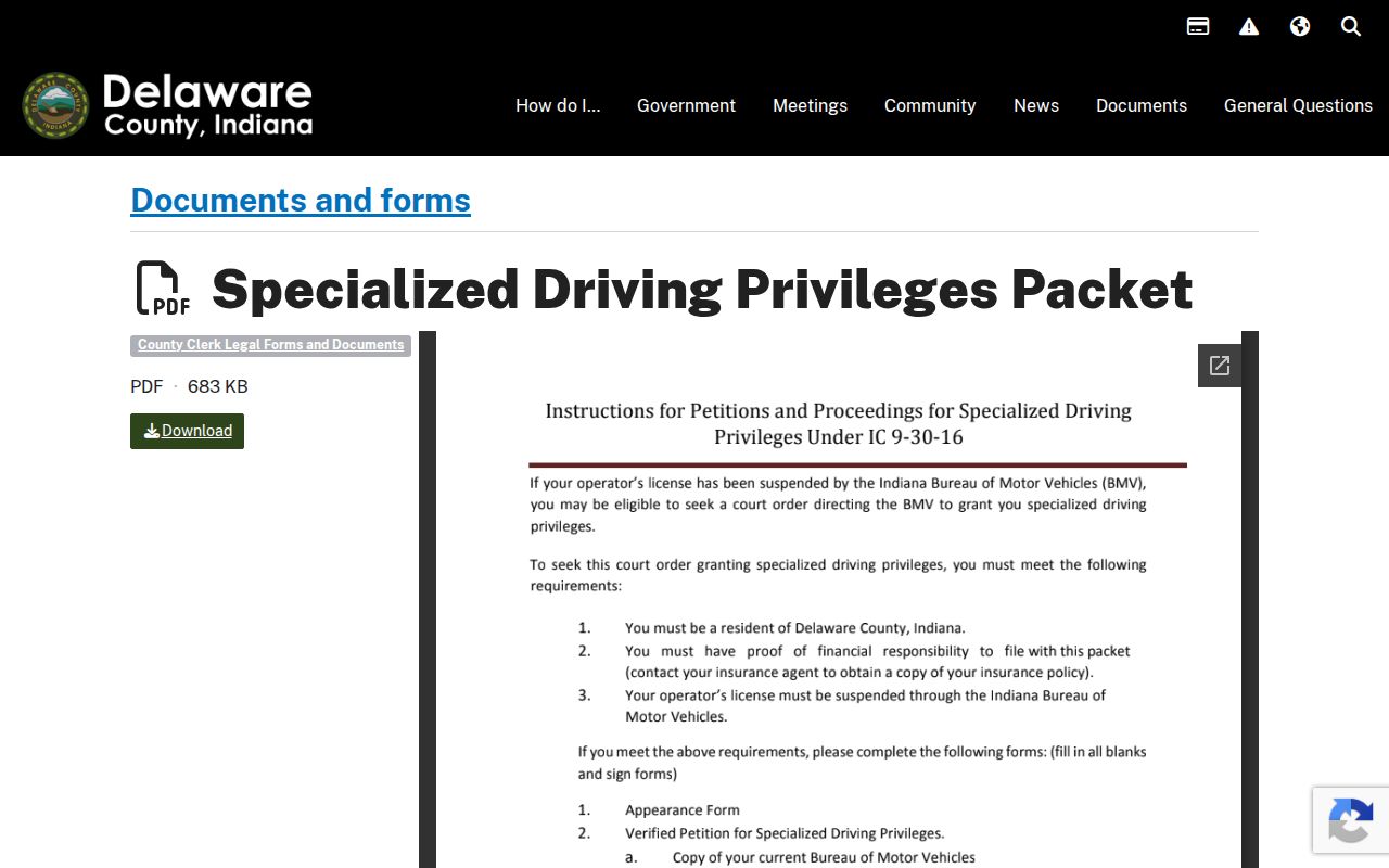 Delaware County Specialized Driving Privileges packet page