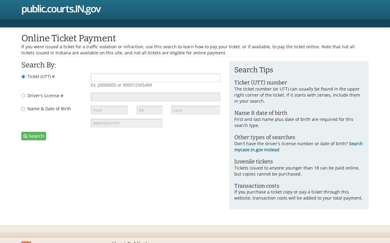 Blank Indiana traffic payment search used for Delaware County tickets
